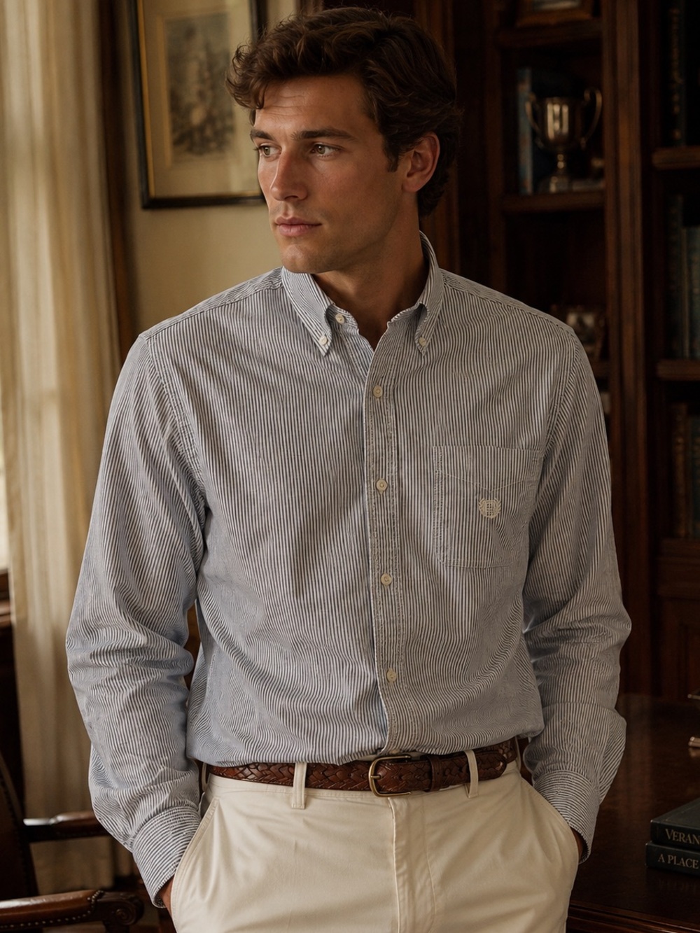 Chaps Blue White Stripe Oxford Button Down Preppy Classic Resort Wear Mens